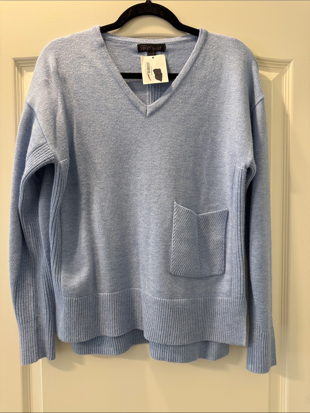 Renuar Women’s Pastel Blue V-Neck Sweater with Front Pocket
